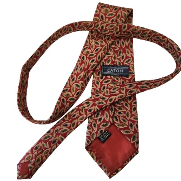 Eaton Vintage Silk Tie - Made in Italy - Leaf Pattern Red Gold Navy 100% Silk - Picture 5 of 5